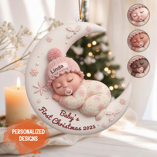 Personalized Baby First Christmas Ornament, Custom Moon Ornament