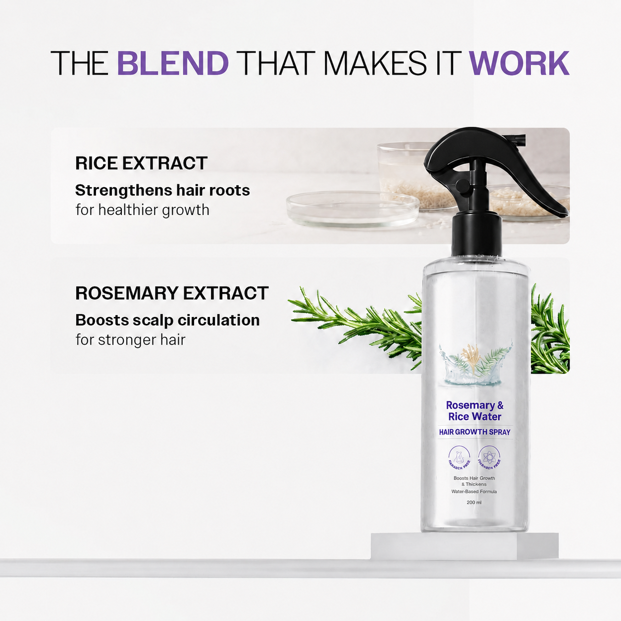 Rosemary Water Spray for Hair Growth & Hair Thickness with Rice Water |100% Natural Extract | Soft & Smooth Hair| Controls Hairfall| Non-Greasy & Fast Absorbing | 200ml